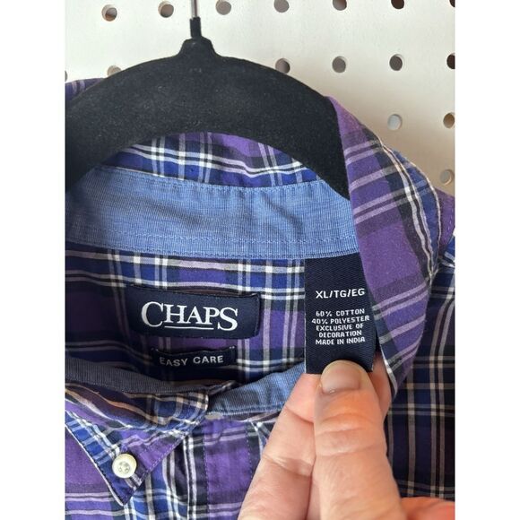 Men's XL CHAPS Easy Care Long Sleeve‎ Button Down Shirt Purple Blue Plaid - Picture 4 of 6